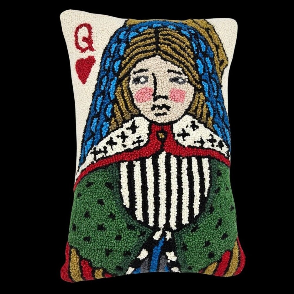 Vintage Queen Of Hearts Needlepoint Wool Throw Pillow Novelty Casino Art Deco - Picture 1 of 14